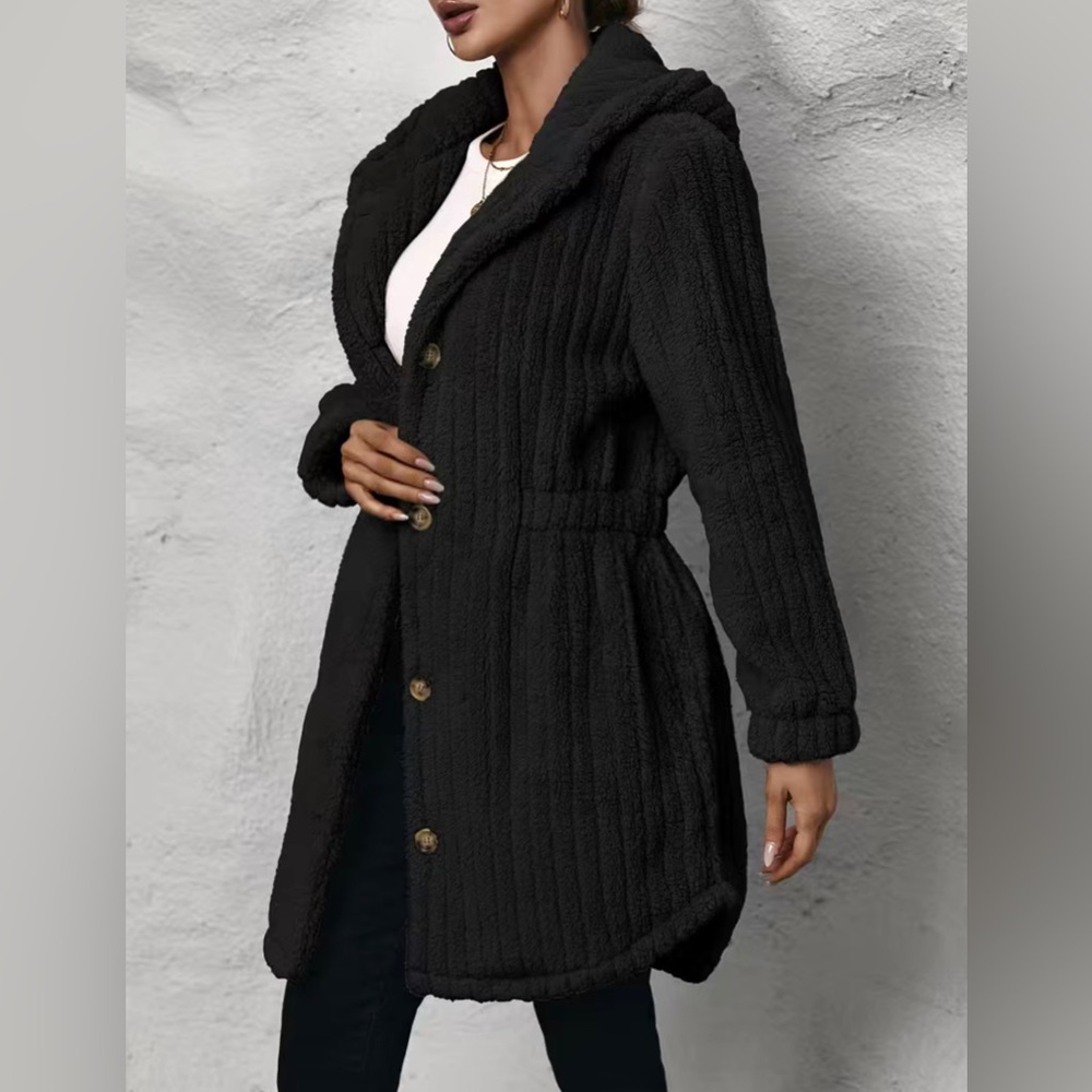 Button Front Hooded Teddy Coat, Casual Solid Long Sleeve Winter Warm Outerwear,